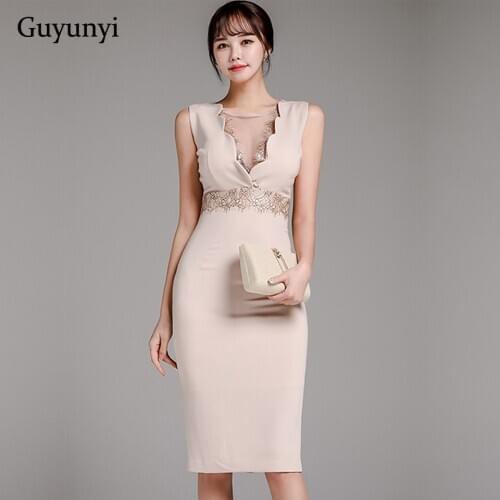 Sleeveless Elegant Party Dress 2021 Summer Sexy Deep V-Neck High Waist Trim Lace Temperament British Office Dress Women