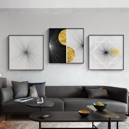 Golden Geometric Wall Art Canvas Painting Posters Prints Abstract Black White Line Picture for Living Room Modern Home Decor