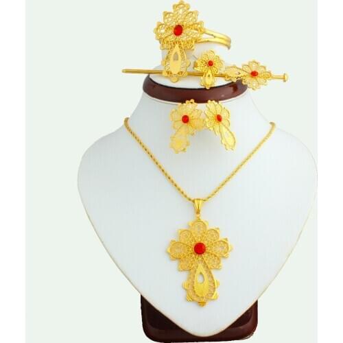 2020 New African Ethiopian Womens Jewelry Sets Red/white/bule Stone Gold Color Fashion Indian Wedding Jewelry Set Bride Gift