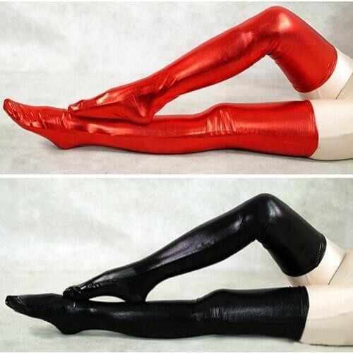 80% HOT SALES!!! Womens Black Stockings Spandex Thigh High Latex Socks Glam Rock Gothic Wetlook