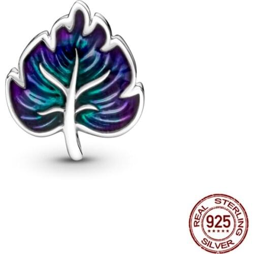 925 Sterling Silver Noble Blue Leaf Shape Beads Charms Fit Original 3mm Bracelet&Bangle Making Fashion DIY Jewelry For Women