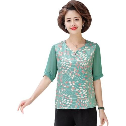 2021 Summer Plus Size 5XL Chiffon Tshirt Tees Middle Age Women Leaves Print T Shirt Ladies Loose Casual T-shirt Tops Femme Thin