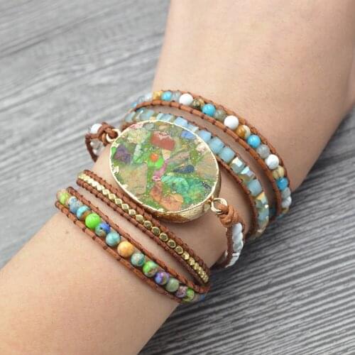 Boho Geometric Crytal Leather Wrap Bracelet for Women Natural Picture Stone Beads Bracelets Charm Big Multicolor Emperor Stone