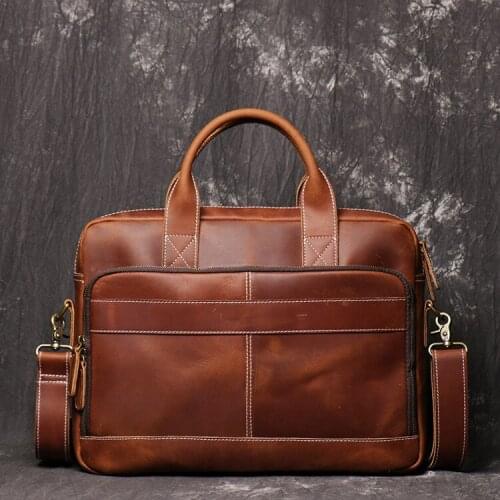 Geunine Leather Mens Handbag Crazy Horse Skin Womens One Shoulder Straddle Briefcase Large Capacity Computer Bag