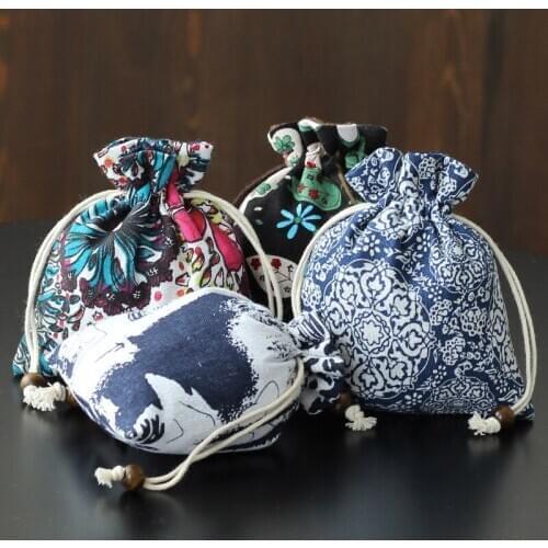Ethnic Floral Handmade Linen Cloth Bags Drawstring Travel Cosmetic Storage Velvet Bags Jewellery Pouches Thicken Collection Bag