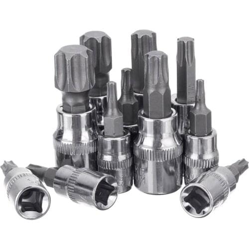 11Pcs 1/4 3/8 Inch Torx Hex Star Bit Set Security Tamper Proof Bit Driver Screwdriver Hand Tool Socket Set Bits T10 to T60