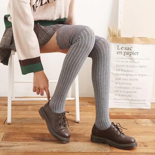 New fall/winter over-knee socks Japanese style solid color big lace stockings Ladies high-top thigh socks