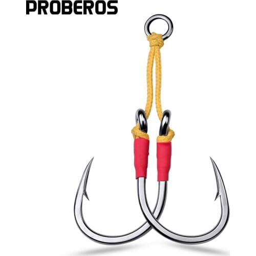 PROBEROS 10Pairs Metal Jig Fishing Hooks 1/0-3/0-5/0-7/0-9/0-11/0-13/0# Jigging Assist Fishhook With PE Line Feather Solid Ring