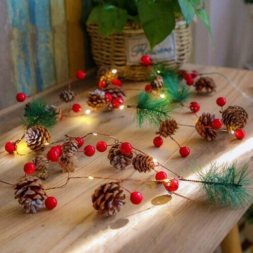 Christmas Garland Lights 2M 20LEDs Copper Wire Pinecone Berries Fariy Light for Outdoor Thanksgiving Holiday Party Decorations
