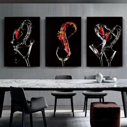SELFLESS ART Romantic Wine Glasses Strawberry Pictures Canvas Paintins Wall Art Gallery Dining Room Bar Home Decoration Posters