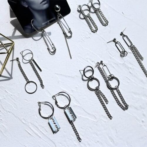 Minimalist Pin Blade Metal Tassels Chain Pendant Earrings For Women Geometric Asymmetry Personality Ear Circle Ear Jewelry