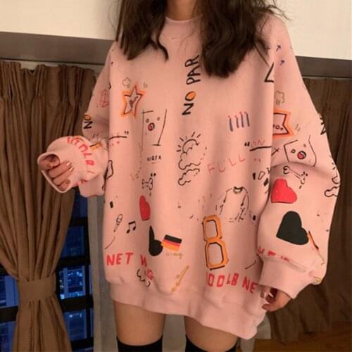 Harajuku Hip Hop Sweatshirt For Women Printing Crew Neck Loose Hoodie Spring Long Sleeve Oversized Pullover Female Tops Hoodies