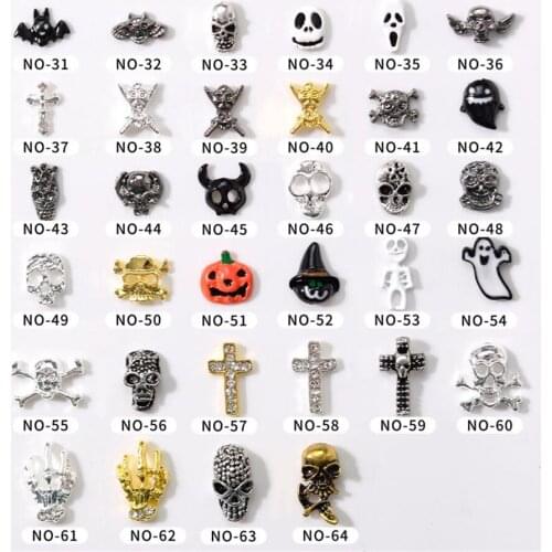 10pcs Halloween Design Alloy Nail Art Decoration 3D Ghost Skull Pumpkin Cross Bat Nail Jewelry Ornament DIY Manicure Accessories
