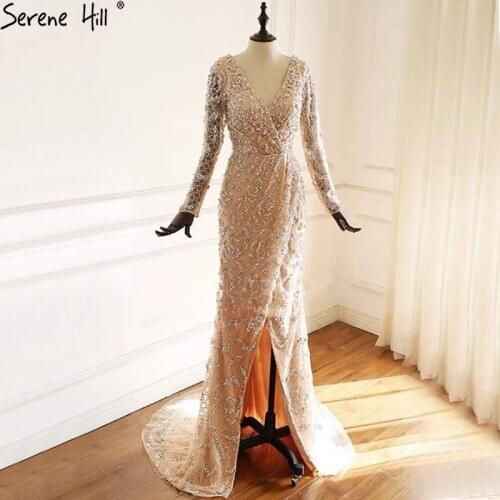 Serene Hill Peach Mermaid V-Neck Evening Dresses 2021 Dubai Long Sleeves Beading Formal Dress Design LA70499