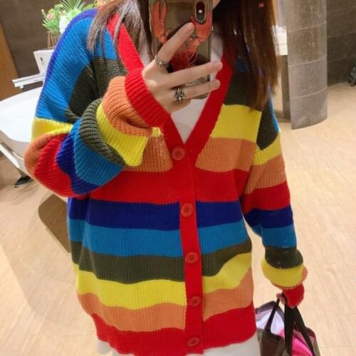 2021 Spring Cute Womens Knitted Jacket Rainbow Cardigan Loose Overisize Female Coat Sweater Women Colorful Striped Cardigan New
