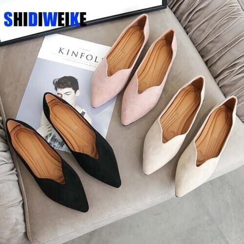 2021 Spring Women Flats Black Pointed Toe Ballet Flats Shallow Boat Shoes Woman Flock Casual Shoes Female Loafers Apricot Pink