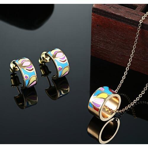 Zlxgirl jewelry Small Colorful Enamel Stainless Steel necklace Earring jewelry sets Fine Women wedding Bridal jewelry sets