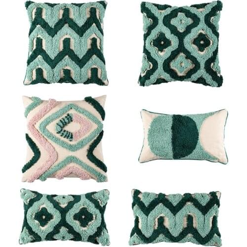 Green Series Boho Ethnic Style Tufted Cushion Pillow Cover Handmade Throw Pillow Covers Home Decor Backrest Cushion Case
