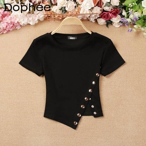 2021 New Personalized Irregular T-shirt Womens Slim Fit Slimming High Waist Short Sleeve Crop Top Femme Summer Cotton Tshirts