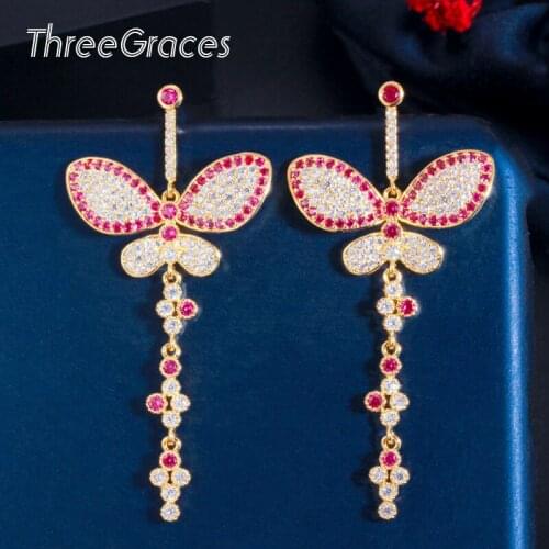 ThreeGraces Exquisite Red Cubic Zirconia Gold Color Long Dangle Drop Butterfly Earrings for Women Korean Style Jewelry ER488