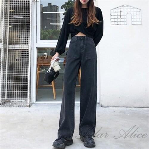 Free shipping 2020 womens autumn new high-waisted straight leg jeans loose wide leg casual mopping pants