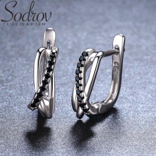 SODROV Genuine 925 Sterling Silver Earrings Hoop Earrings for Women Black Spinel Silver 925 Jewelry II023