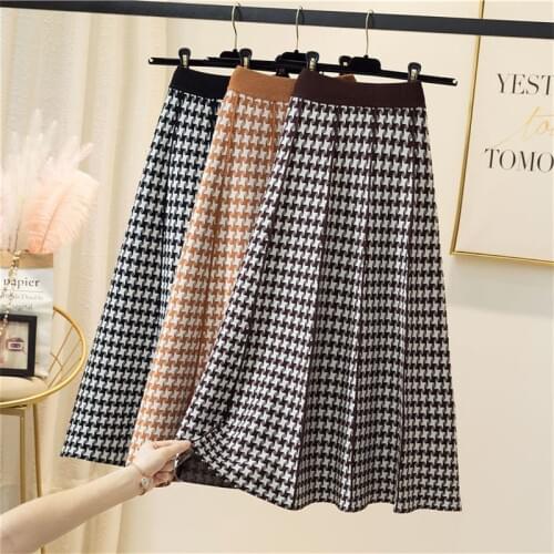 Women Skirt Knitted A-Line High Waist Plaid Midi Skirt Pleated Skirt Black Khaki Spring Autumn Winter faldas femme jupes