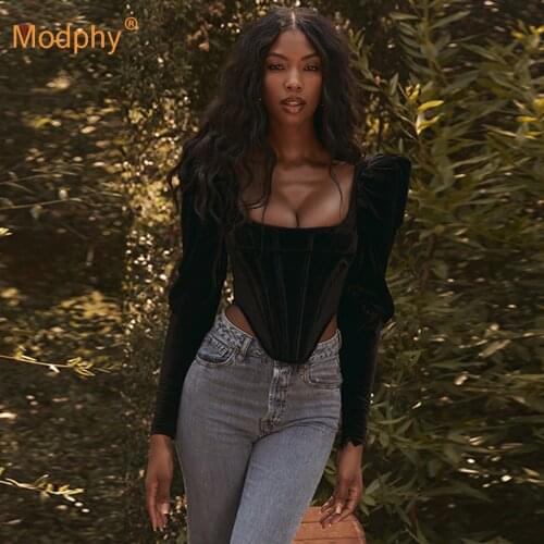 Autumn New Sexy Square Neck Long Sleeve Black Velvet Top Irregular Fashion Club Party Bodycon Short Top 2020 Womens Clothing