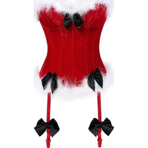 Womens Christmas Santa Costume Sexy Corset Bustier Lingerie Top Overbust Plus Size Corselet Sexy Red Burlesque Costumes Plus