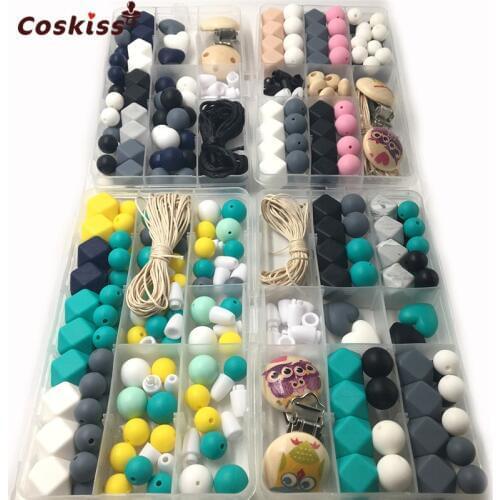 4 Boxes Baby Teether Toys Silicone Teething Pacifier Clip Kit Geometric Hexagon Silicone Teething Beads DIY Nursing Necklack