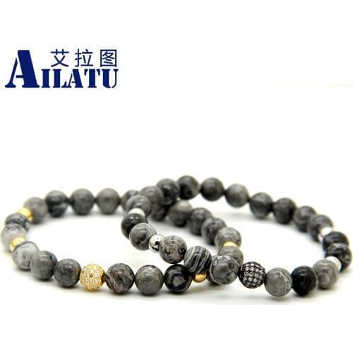 Ailatu High Grade Jewelry 8mm Grey Picture Stone Beads Micro Pave Black and Plated CZ Beads Bracelet Mens gift