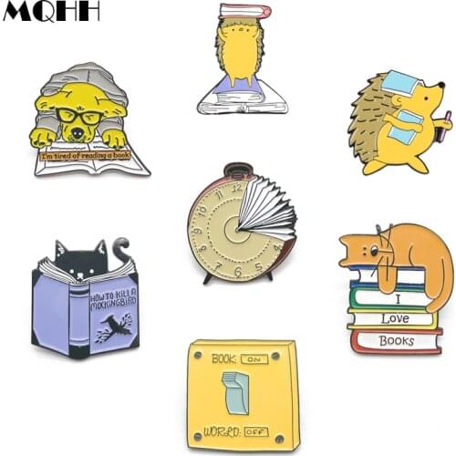 Cartoon Animal Learning Cats Dogs Reading Writing Alarm Clock Switch Enamel Brooch Alloy Badge Denim Clothes Bags Pins Cute Gift