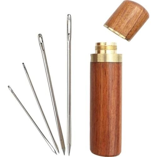 Nonvor Convenient Leather Needle Storage,Versatile Wooden Needle Case ,Sewing Supplies with Four Pieces Sharp Stitching Needles