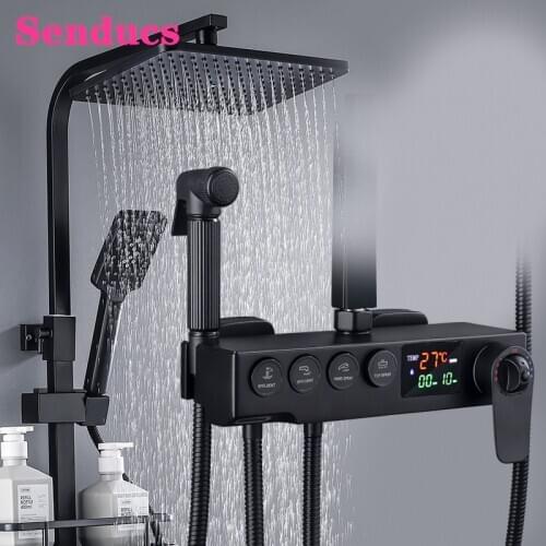Digital Shower System Senducs Newly Waterfall Thermostatic Bathroom Shower Set Waterfall Bathtub Faucet Digital Shower Mixer Set