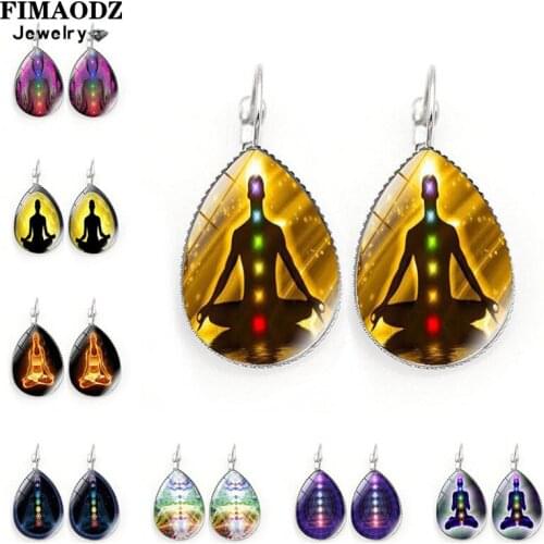 FIMAODZ New 7 Chakra Earrings Reiki Glass Photo Yoga Meditation Buddha Lotus Silver Dangle Earring Vintage Jewelry