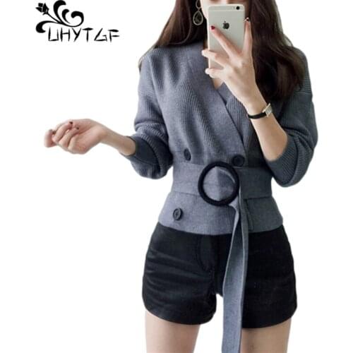 UHYTGF V-neck Cardigan Sweater Women Crop Top Spring Autumn Clothes Knit Sweater Female Double Breasted With Belt Ropa Mujer 932