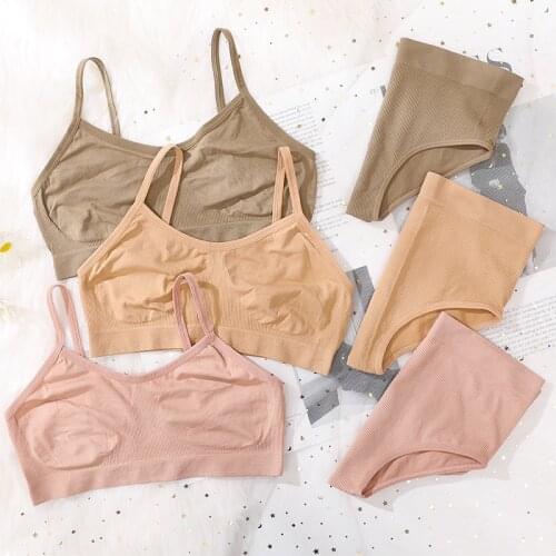 Women Bra Briefs Set Unlined Bras Female Sexy Lingerie Backless Bralette High Waist Panties Fitness Ribbed Tops Underwear Set