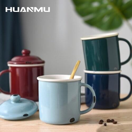 Imitation Enamel Mug Household Personal Mug Ceramic Mug with Lid and Spoon Office Tea Cup Advertising Promotion Conference Gifts