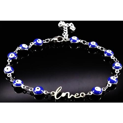 Love Silver Color Stainless Steel Charms Bracelet for Women Blue Evil Eye Bracelet Jewelry Gift pulseiras femininas B17913S02
