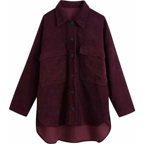 Evfer Women Fashion Double Big Pockets Za Long Jackets Oversize Female Casual Single Breasted Loose Corduroy Coats Outwear Chic