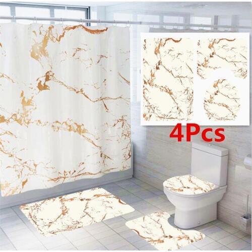 WUJIE 3 Style Marble Pattern Waterproof Shower Curtain Set with Bath Mat Toilet Polyester Cover Mat Anti-slip Bathroom Rug(4Pcs)