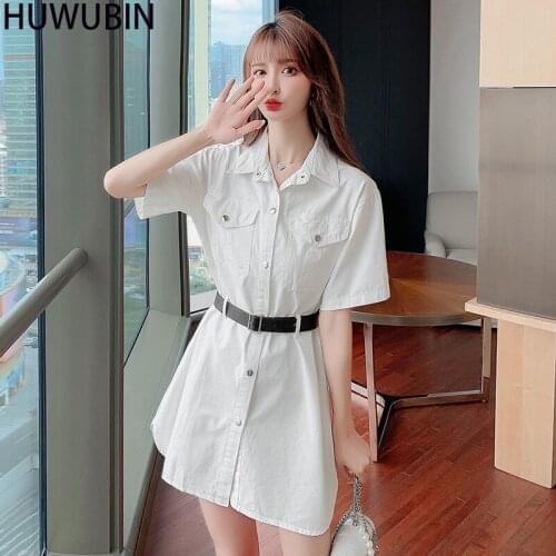 2021 Summer New Womens Chic Doll Collar Temperament Fashion Tooling Style Single Breasted Short Sleeve Waist Suit Dress