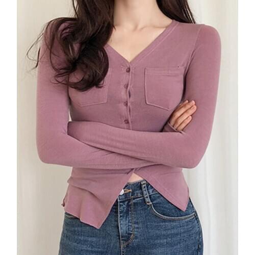 Tight Shirts Long Sleeve Tops Women Slim Cardigan Button Shirt Spring Smoke Pink Colour V Neck Korean Lady Fashion Solid T-shirt