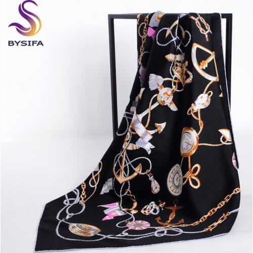 Spring Ladies Silk Scarf Shawl Fashion Accessories Women Black Pink Chain Large Square Scarf 90*90cm Ladies Muslim Head Scarf