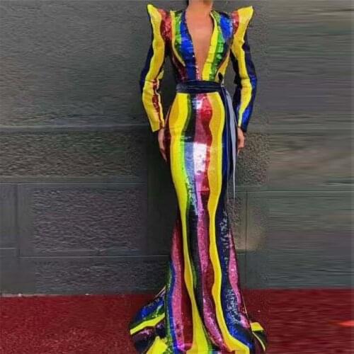 Latest Fashion Hot Selling Celebrity Women Colorful Women Sequin Long Dress Cocktail Gown Vestido Wholesale