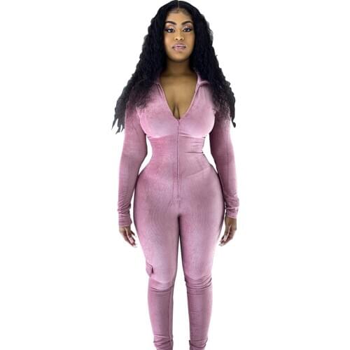 Casual Deep V-neck Jumpsuit Velvet Full Sleeve Women Skinny Streetwear Long Romper Women Jumpsuit Overalls Solid 3 Color