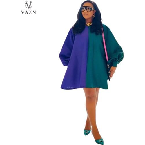 VAZN 2021 Autumn Patchwork Simple Young Overalls Sexy Fashion Full Sleeve Nature Loose Mini Dress Young Vestidos For Female