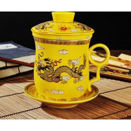 Upscale Jingdezhen Ceramic Teacup Chinese Dragon Pattern Cup Set Four-Piece Office Boss Tea Cup With Cover Filter Free Shipping