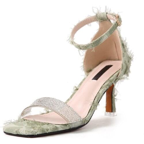 Women Sandals 2019 Summer New Shoes Woman Casual buckle strap Solid Hemp Crystal Fine Heel 7cm Ladies Sandal 35-39