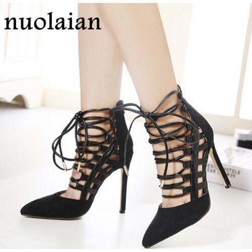 Womens Cross Strap Sandals High Heel Shoes Ladies Summer High Heels Black Faux Suede Pumps Women Office Lady Party Shoes 11CM